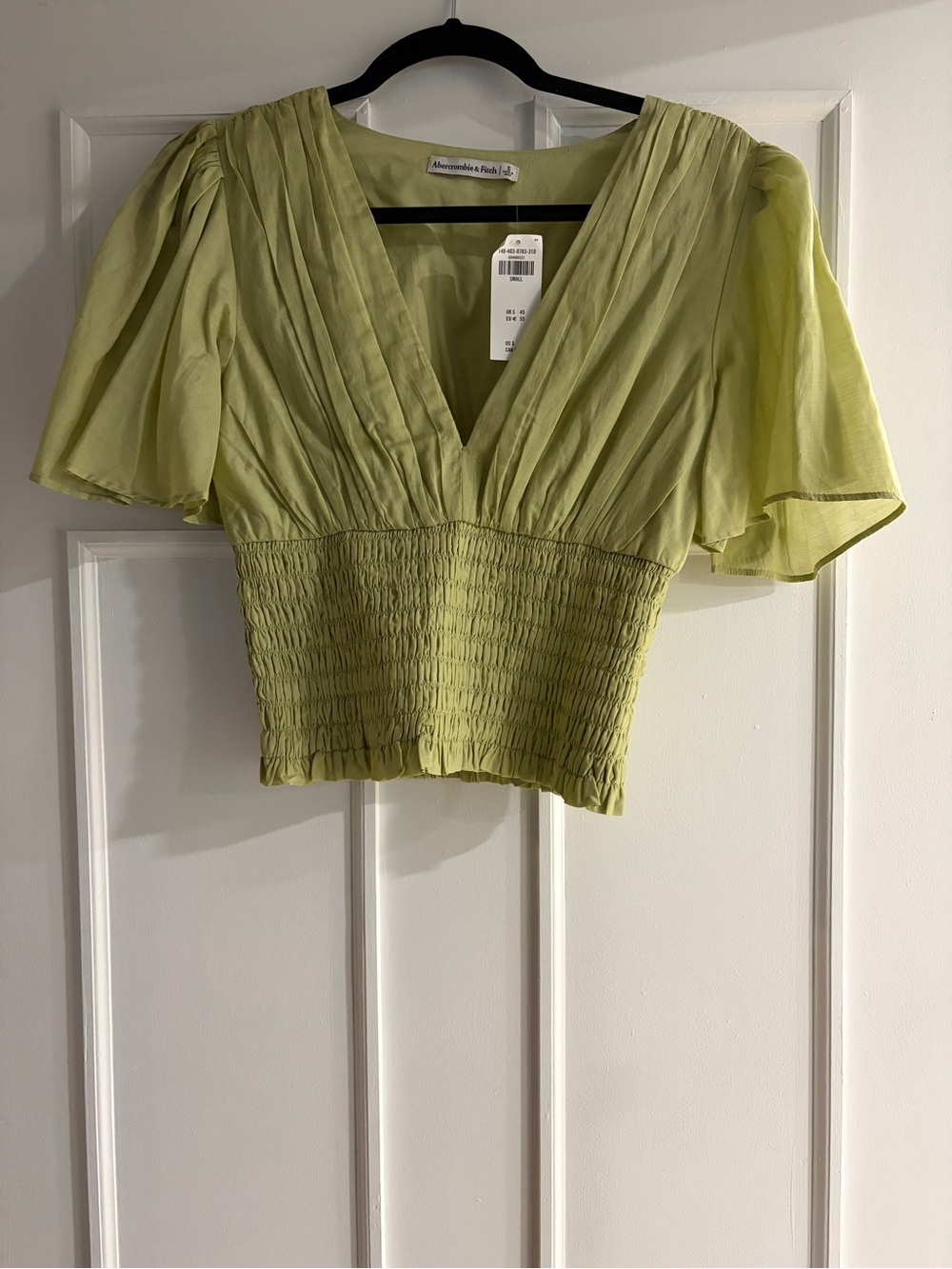 Abercrombie & Fitch Light Green V-Neck Smocked Waist Flutter Sleeve Top